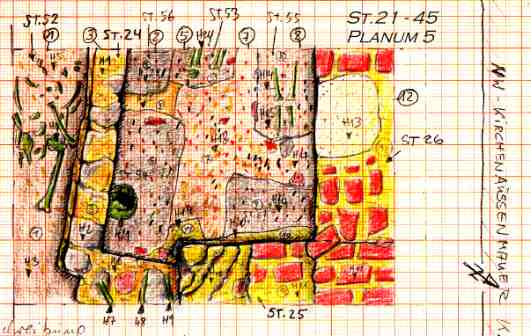 Schnitt St.21 - 45, Planum 5; mit Mauern St. 24, 25 und 26; Gräber St. 52, 53, 54, 55, 56 und 57