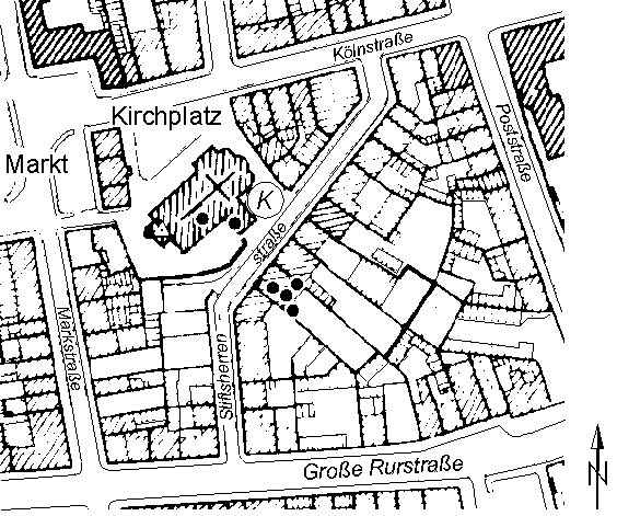 Abb. 7: Übersichtsplan zur Lage der Töpferofenbefunde im Bereich Stiftsherrenstraße und Propsteikirche