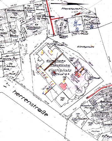 Abb. 10: Übersichtsplan der Untersuchungen von W. Haberey in der Propsteikirche Jülich 1951 auf der Grundlage der Karte zur Altstadtumlegung 1947 Block 4b