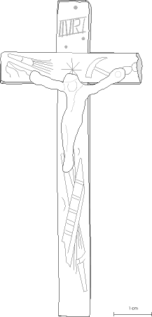Abb. 12: Computerzeichnung: beschnitztes Knochenkreuz mit Bronzekorpus #5-11 aus den Händen der Bestattung St.59