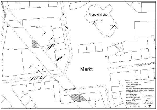 Abb. 13: Übersichtsplan der Grabungsbefunde zur Wohnbebauung im Zentrum des römischen vicus IVLIACVM an der römischen Hauptstraße